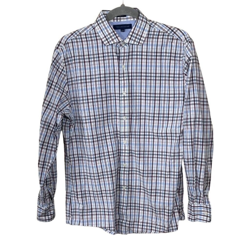 Tommy Hilfiger Men's Button Front Shirt Slim Fit Plaid Red White Blue 15 1/2